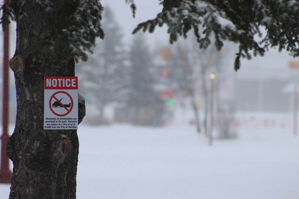 Signs are posted all over Hollinger Park forbidding the use of snowmachines, per city bylaw. (Mark Pare/ROGERS MEDIA)